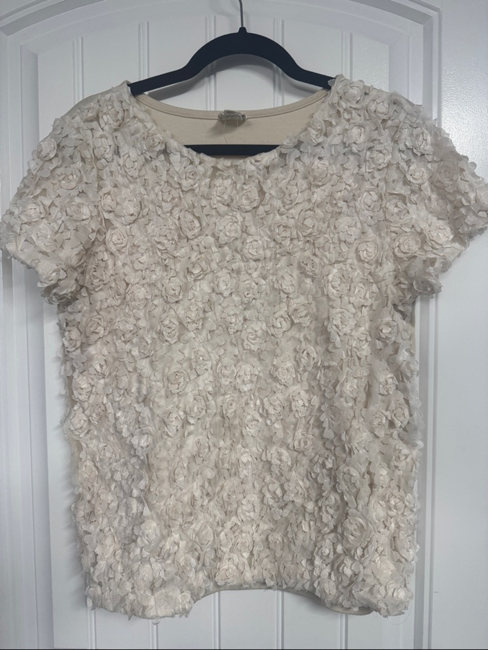 Anthropologie Cream Floral Appliqué Short Sleeve Top